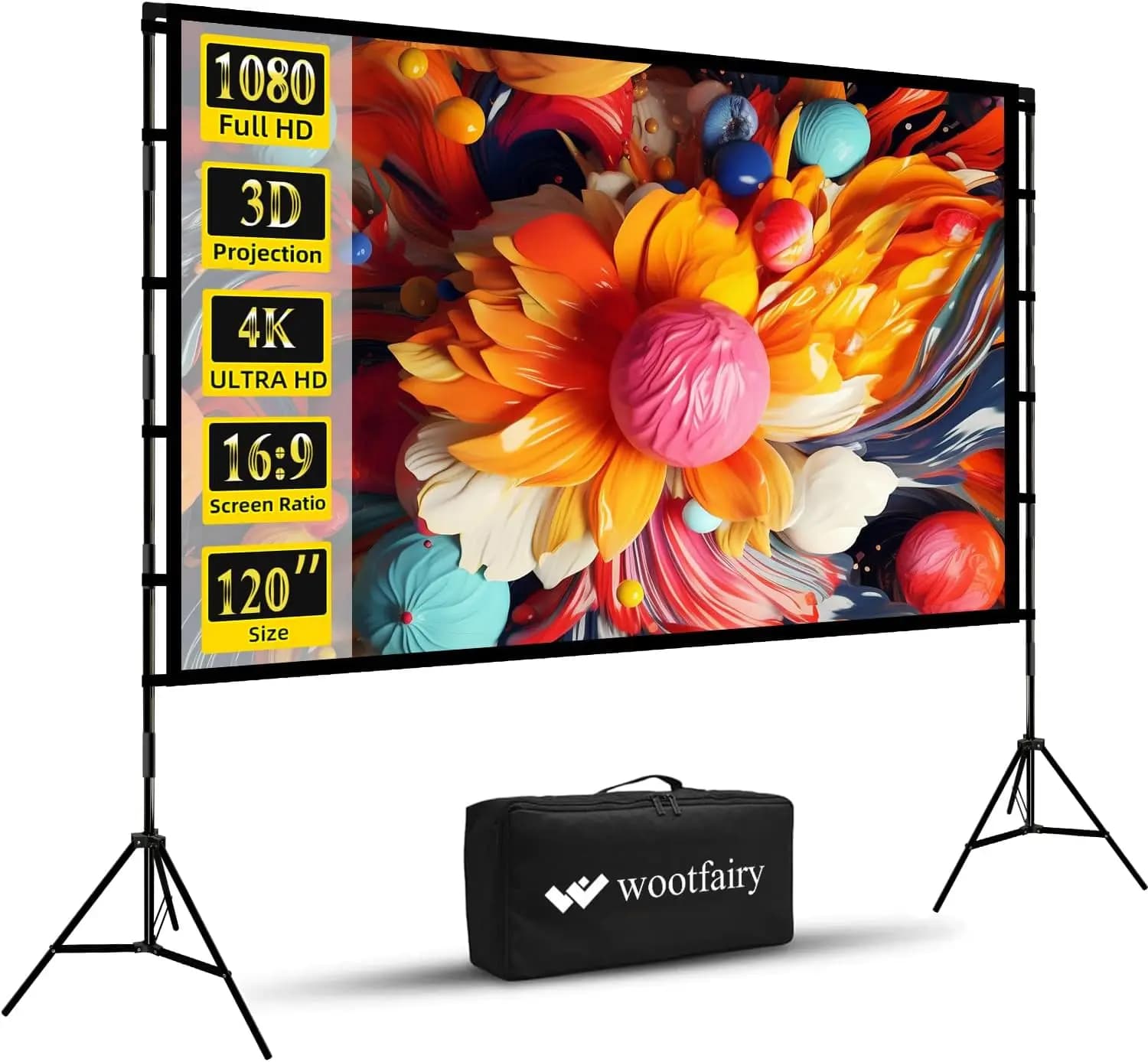 Schermo di Proiezione Portatile da 120 Pollici con Supporto, Senza Pieghe, HD 4K per Home Theater Interno ed Esterno