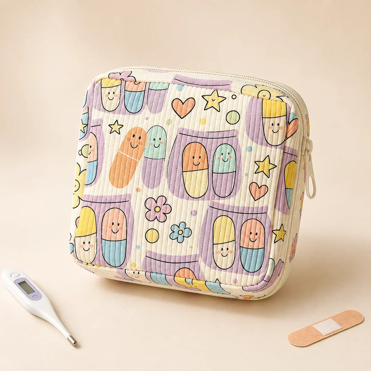Cute Medicine Bag Ribbed Fabric First Aid Pouch Cartoon Pill Print Travel Medical Organizer Medicine Storage Case Emergency Kit