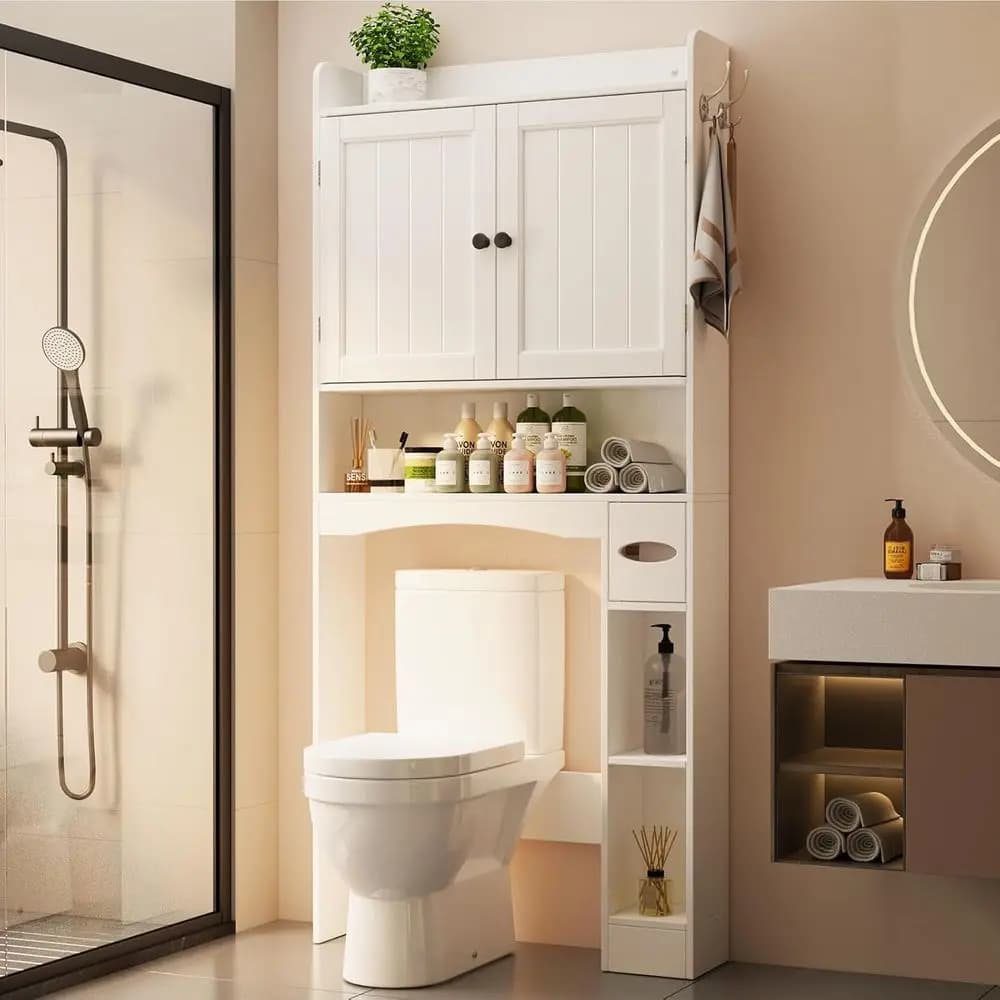 Mobiletto salvaspazio da posizionare sopra il WC, 82 cm L x 179 cm H, organizer da bagno con ante, ripiani regolabili, porta carta igienica