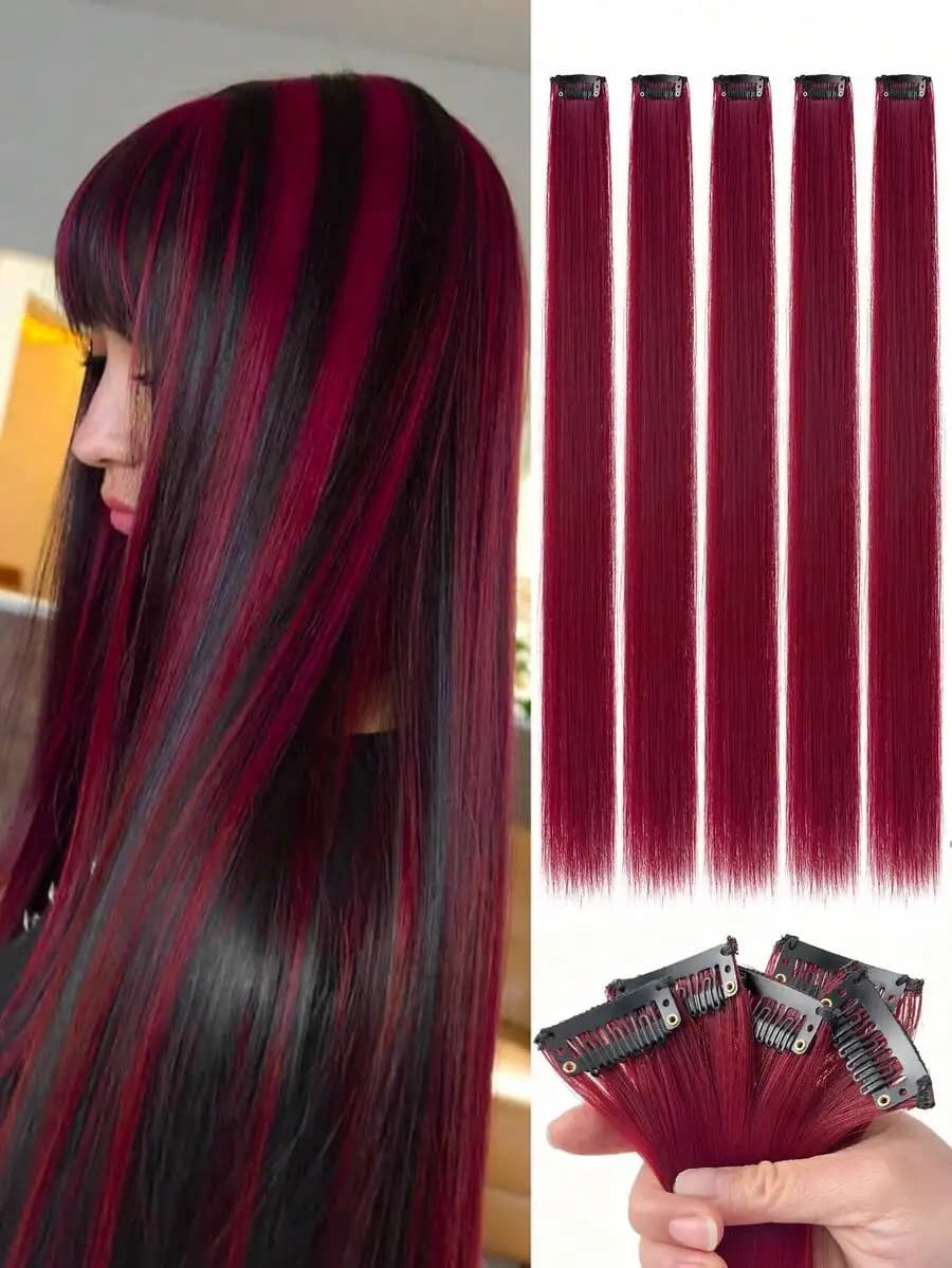 5pcs/Set Burgundy Hair Clips Hair Extensions For Women, Synthetic Fiber Wigs Suitable For Various Hairstyles Without Salon Dye, Suitable For Daily And Party Occasions