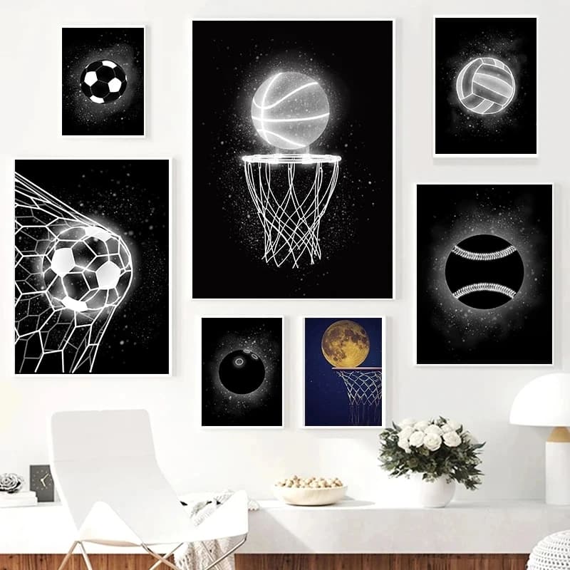 Poster Pittura su tela Neon Nero Bianco Basket Calcio Pallavolo Sport nordici Immagine di arte della parete per la decorazione della palestra della camera dei bambini