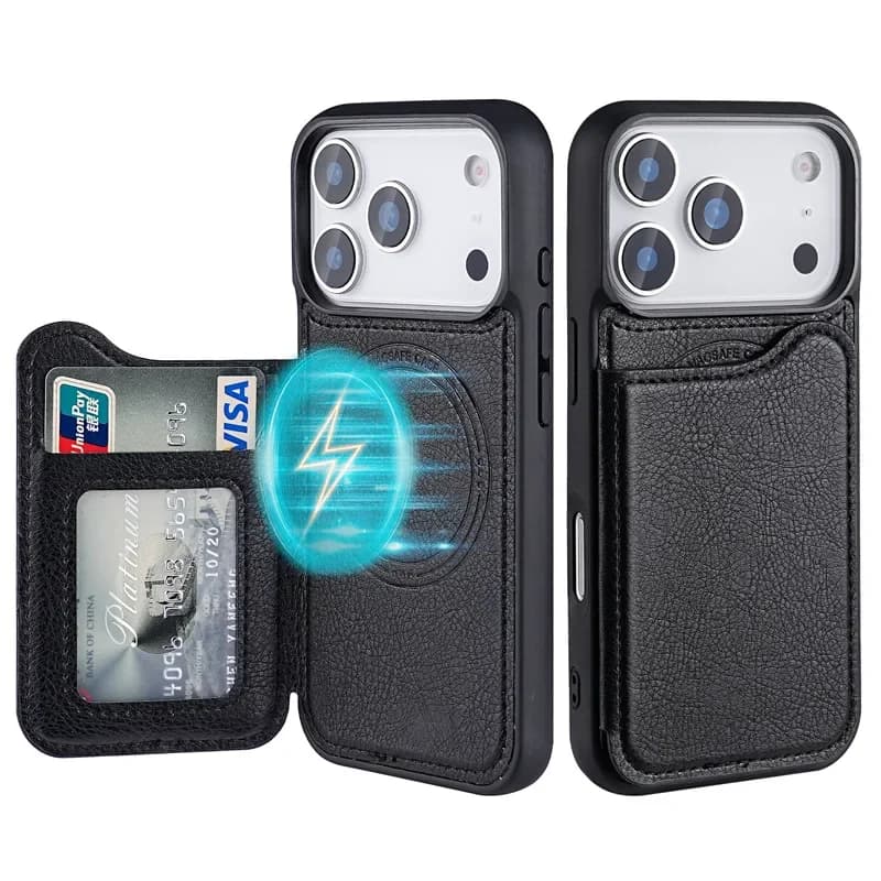 For Magsafe Phone Case with Leather Credit Card Holder with Magnetic Vibration for IPhone 17 Air 16 15 Plus 14 13 12 Pro Max Protective Case