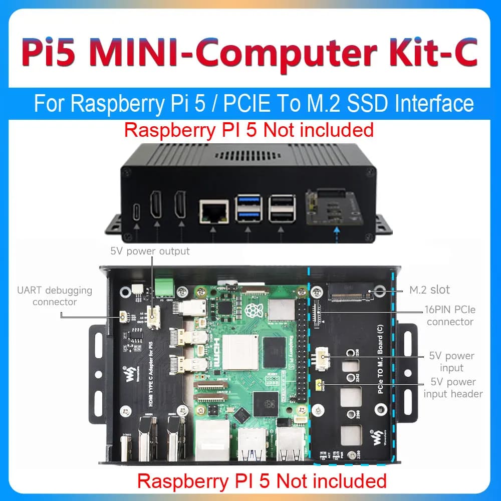 Kit housing Raspberry Pi 5 Box-C PCIe interface to M.2 NVMe SSD expansion card All ports to the USB side Pi TYPE-C HDMI