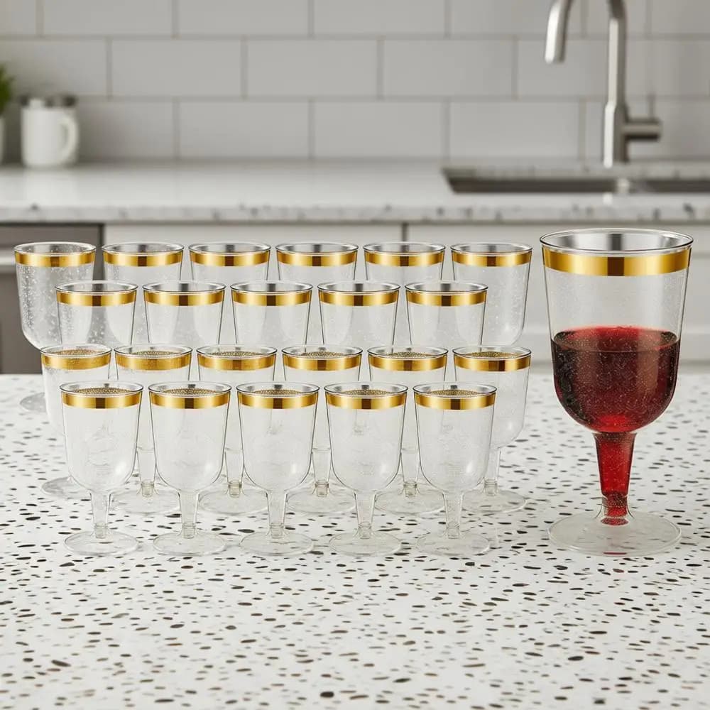 100 Bicchieri da Vino in Plastica da 200 ml con Bordo Dorato, Mini Calici per Matrimoni, Feste, Compleanni, Anniversari, Brindisi al Champagne