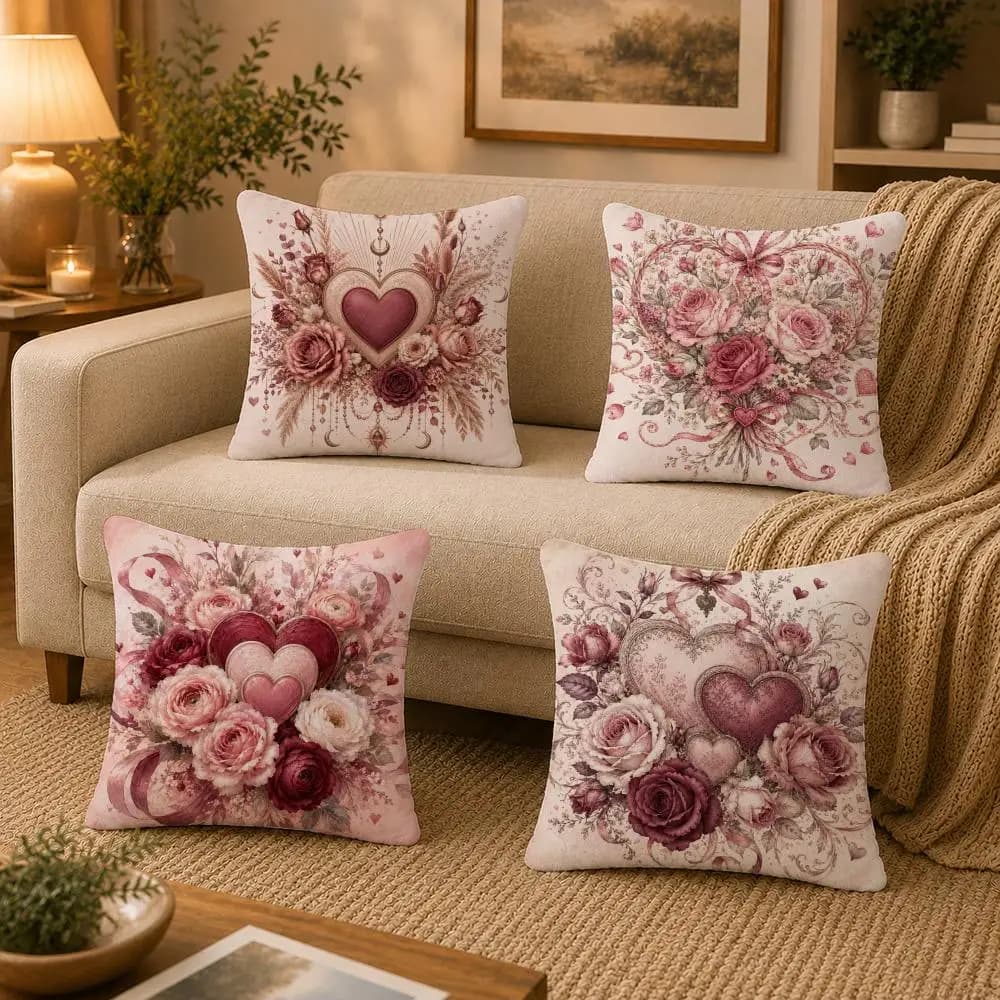 Romantic floral heart-shaped decoration Cushion Cover Washable Soft Plush Cushion Cover Square Pillow Case for Sofa Couch Bed