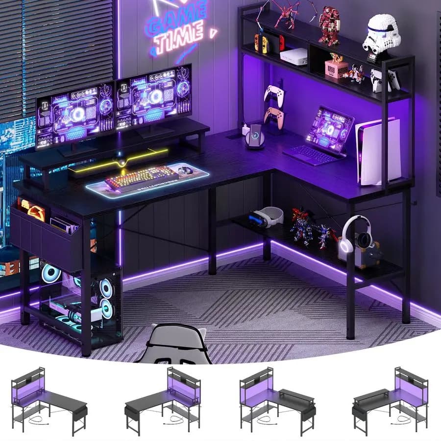 L-shaped gaming desk with power sockets and LED lights, small L-shaped corner desk for computer with monitor support and storage space