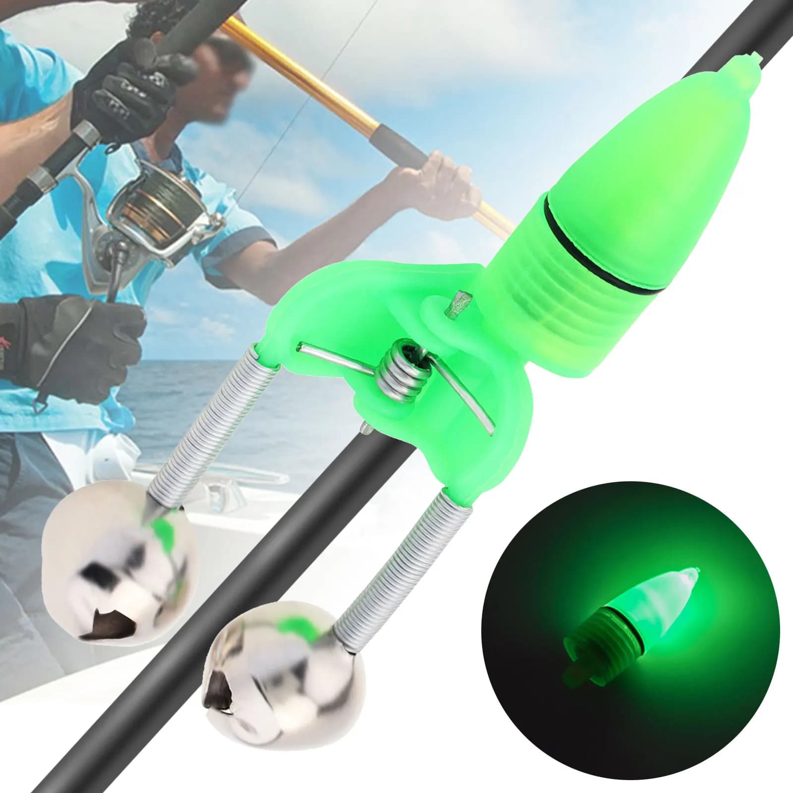 LED Night Light Fishing Boat Alarm Bell with Double Ring Bells Fishing Point for Alarm Rod Clip