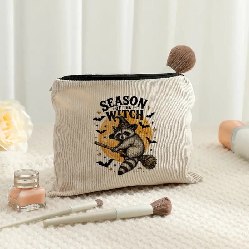 Season of The Witch Raccoon Witch Corduroy Makeup Bag Halloween Zipper Cosmetic Pouch Travel Toiletry Storage Purse Gifts Bags