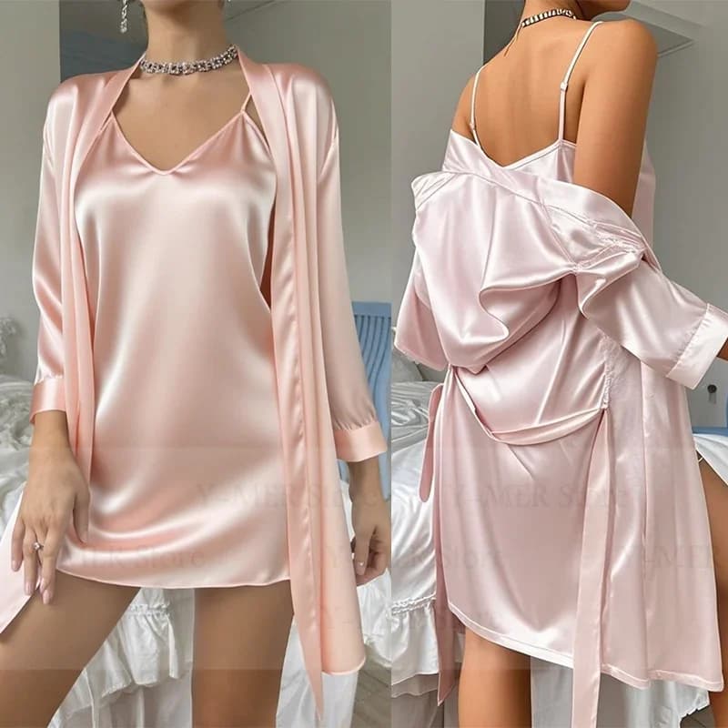Lady Loungewear 2Pcs Robe Set Satin Homedress Women Summer New Bride Wedding Dress Bathrobe Kimono Gown Intimate Lingerie