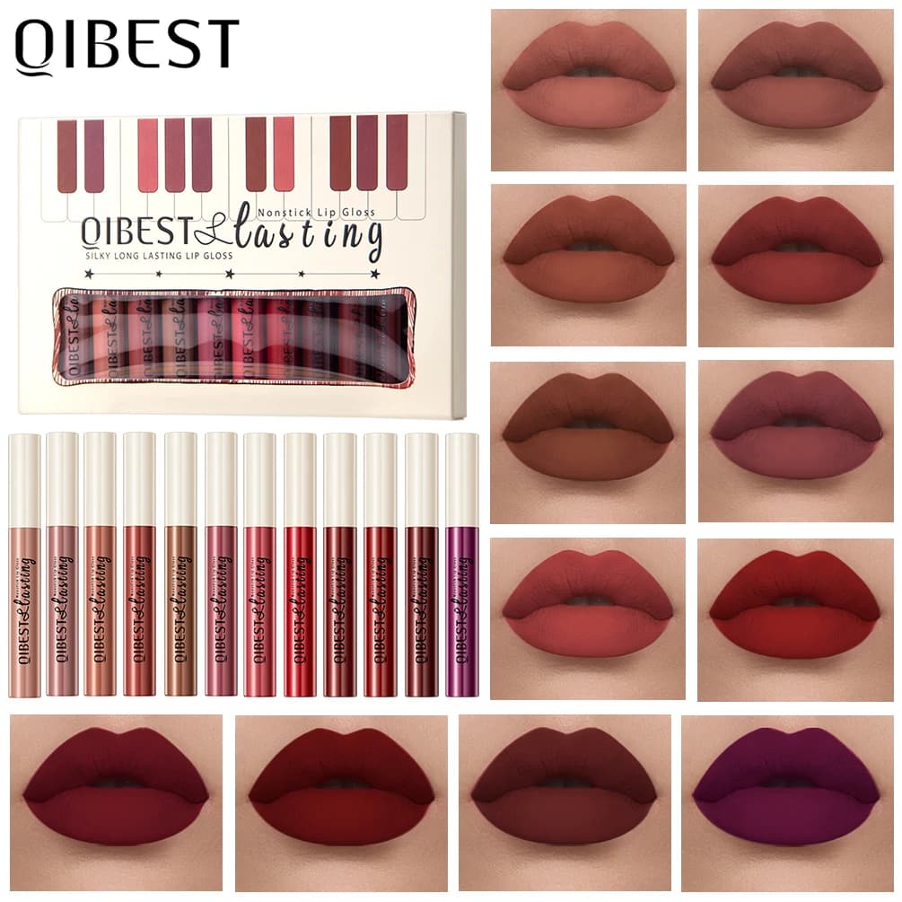 QIBEST Set di 12 Lucidalabbra Opachi, Rossetto Liquido Impermeabile a Lunga Durata, Tinta Labbra Vellutata Nude Rossa, Nutriente e Non Appiccicoso