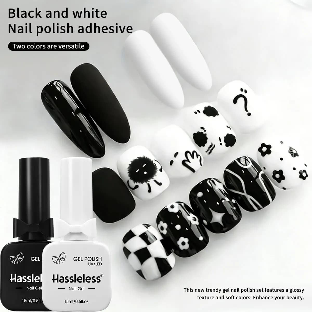 Set di 2 Smalti Gel Senza Problemi in Bianco Puro + Nero Puro - Lunga Durata, Alta Lucentezza, Polimerizzazione con Lampada LED, Facile Creazione di Unghie Professionali