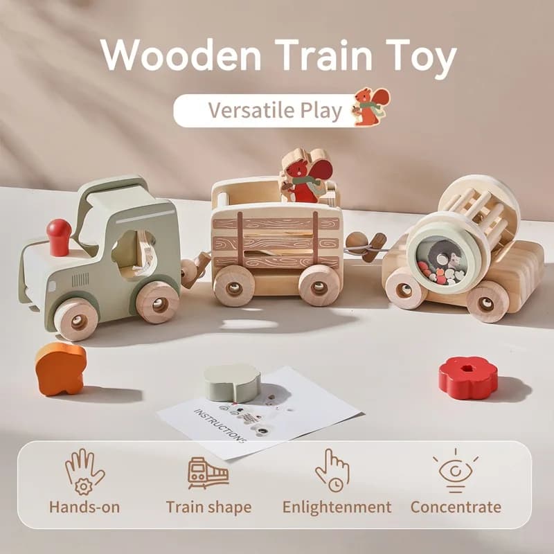 LazyChild Wooden Baby Early Education Educational Multifunctional Train Infant Crawling Shape Cognitive Car Set Toy