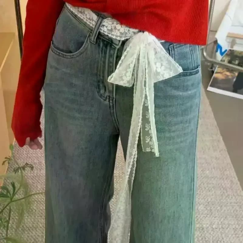 Cintura lunga unica in pizzo Y2k allacciatura sottile abito jeans cintura fiocco floreale cintura in pizzo sciarpa in pizzo fascia per capelli accessori per capelli