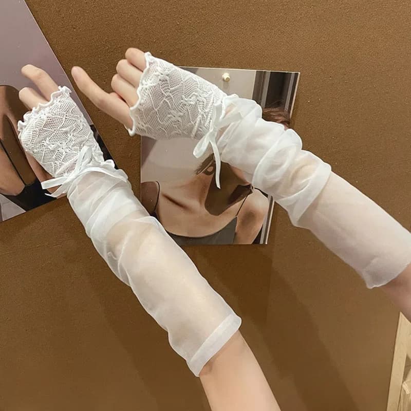 Harajuku Y2K Hot Girls Long Fingerless Hand Gloves Women Sexy Sheer Lace Tulle Spliced Bowknot Summer Sun Protection Oversleeves