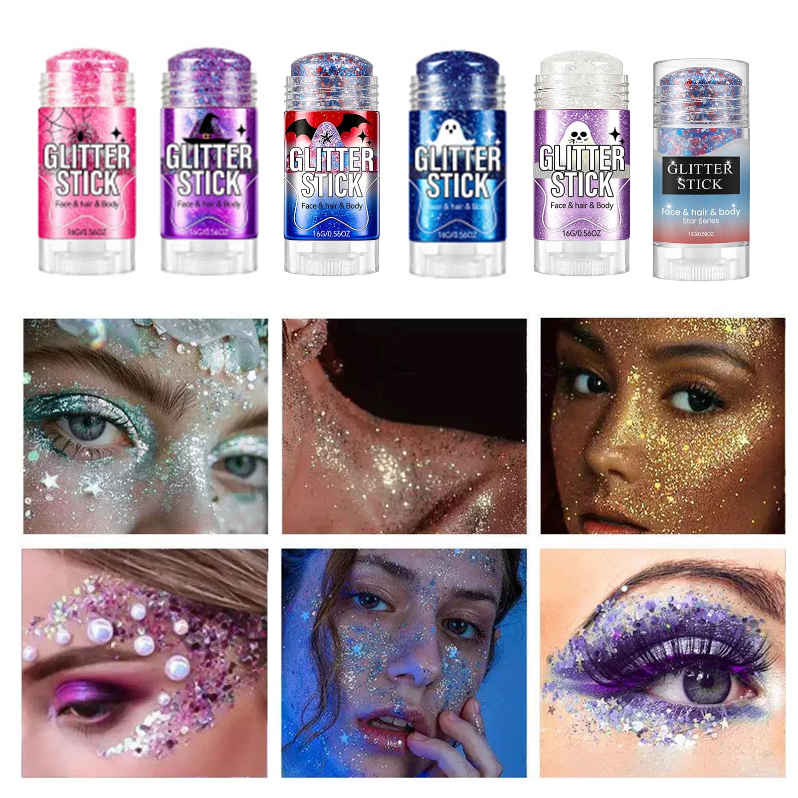 6 Colors Glitter Makeup Stick Shimmer Highlighter Stereo Sparkling Party Stage Cosmetic Face Body Hair Makeup Halloween