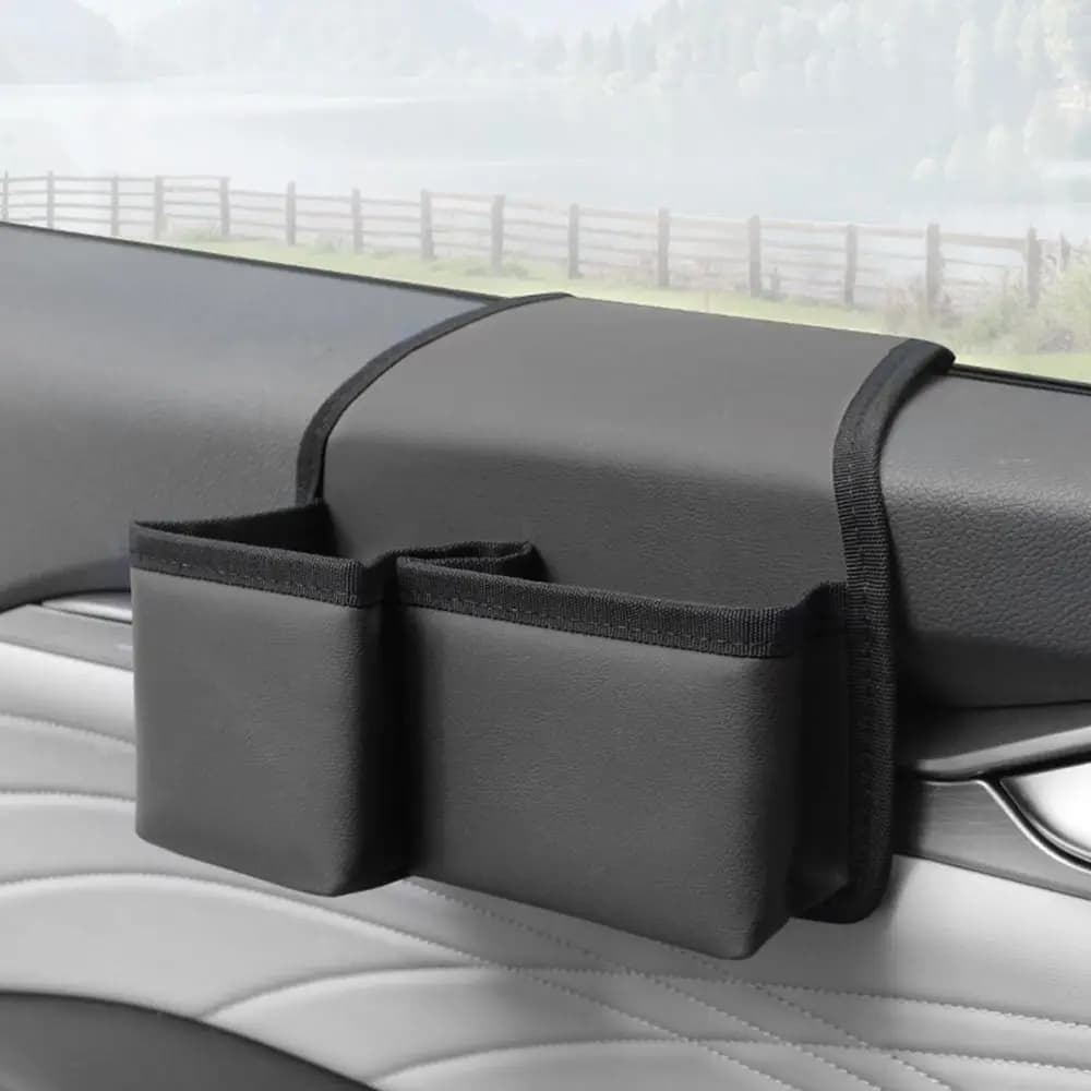 Organizer Universale per Finestrino Auto in Pelle, Comodo Portaoggetti Laterale Multifunzione con 2 Tasche e Portabicchieri per Bracciolo