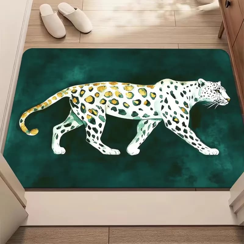 Dark Green Golden Spot Leopard Doormat Wild Animal Watercolor Print Non Slip Floor Rug for Entryway Bedroom Living Room