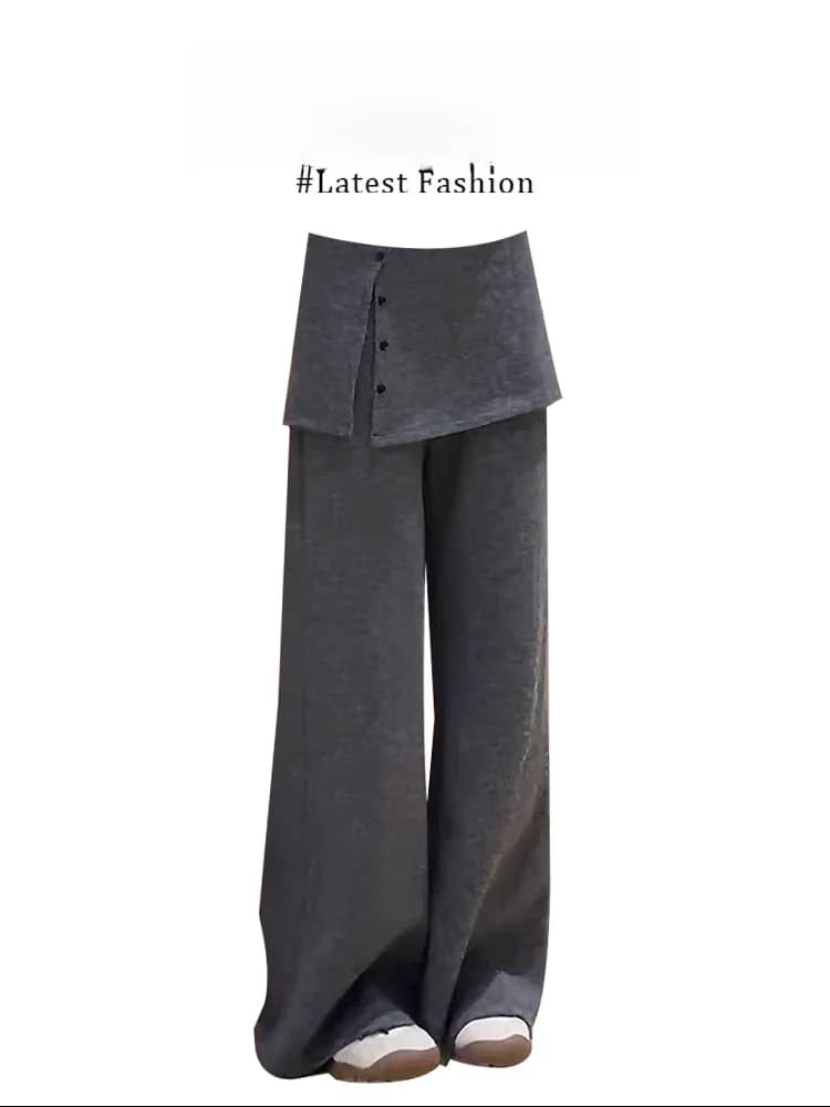 Gray Flared Pants Women's High Waist Straight Leg Casual Trousers Design Sense Fake Two-Piece Butt Curtain Slimming Effect