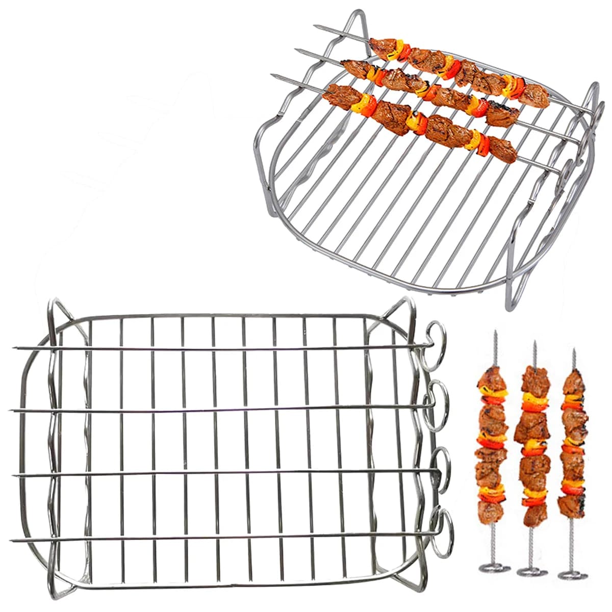 Griglia per Friggitrice ad Aria, Supporto Multiuso in Acciaio Inox con 4 Spiedini per Barbecue e Carne