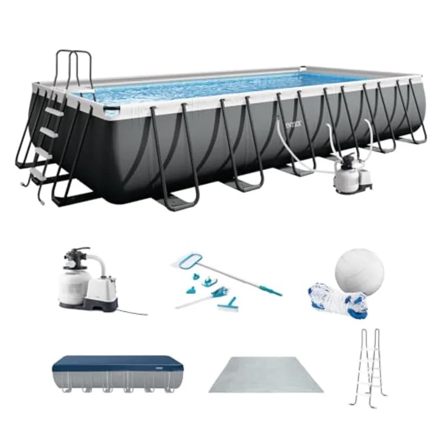 Piscina rettangolare fuori terra 24 piedi x 12 piedi 52 pollici con pompa a sabbia, sistema ad acqua salata, kit di manutenzione e gioco da pallavolo in blu S