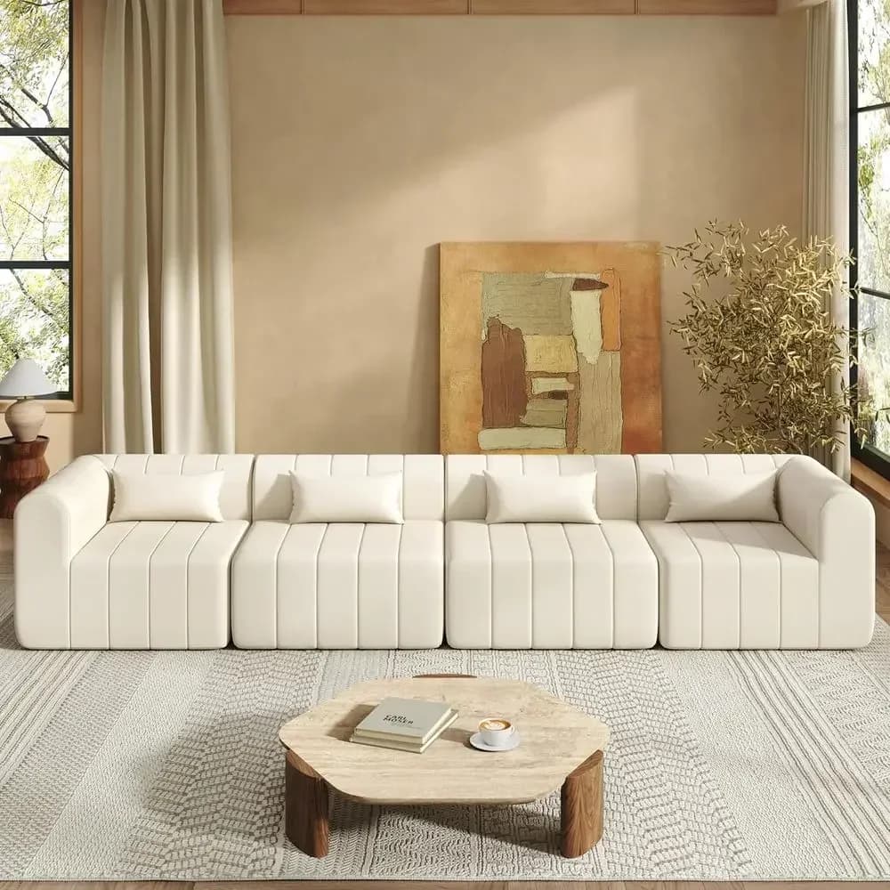 Polyester-Covered Sectional Sofa with 4 Pieces, Compact Sponge-Filled Couch for Living Room (Beige)