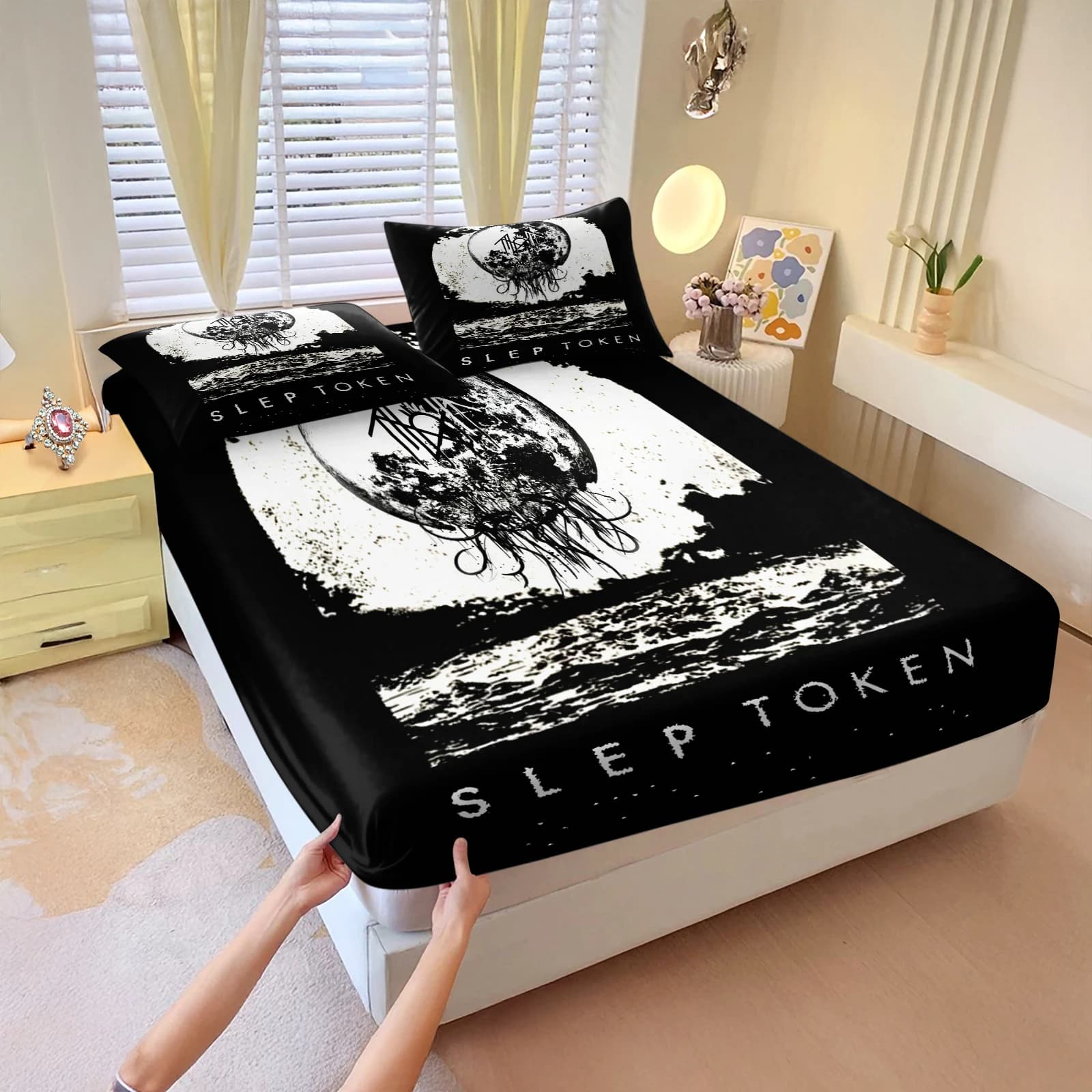 Sleep Token Band Fitted Sheet Set Black Moon Jellyfish Gothic Print Bed Sheet With 2 Pillowcases Soft Bedding Decor For Bedroom