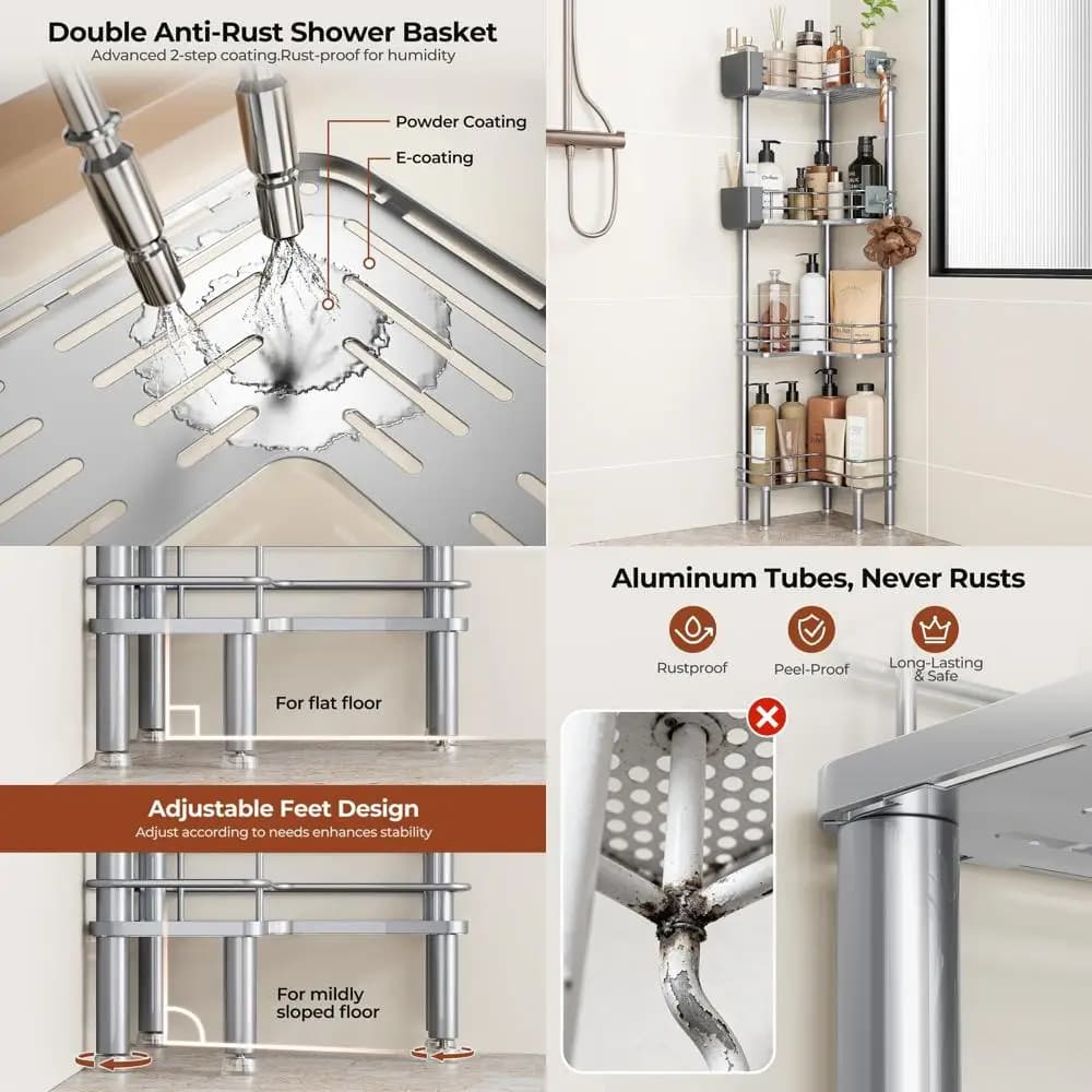 Organizzatore doccia a 4 livelli con porta spazzolino, scaffale portaoggetti da pavimento con ampio spazio per il bagno