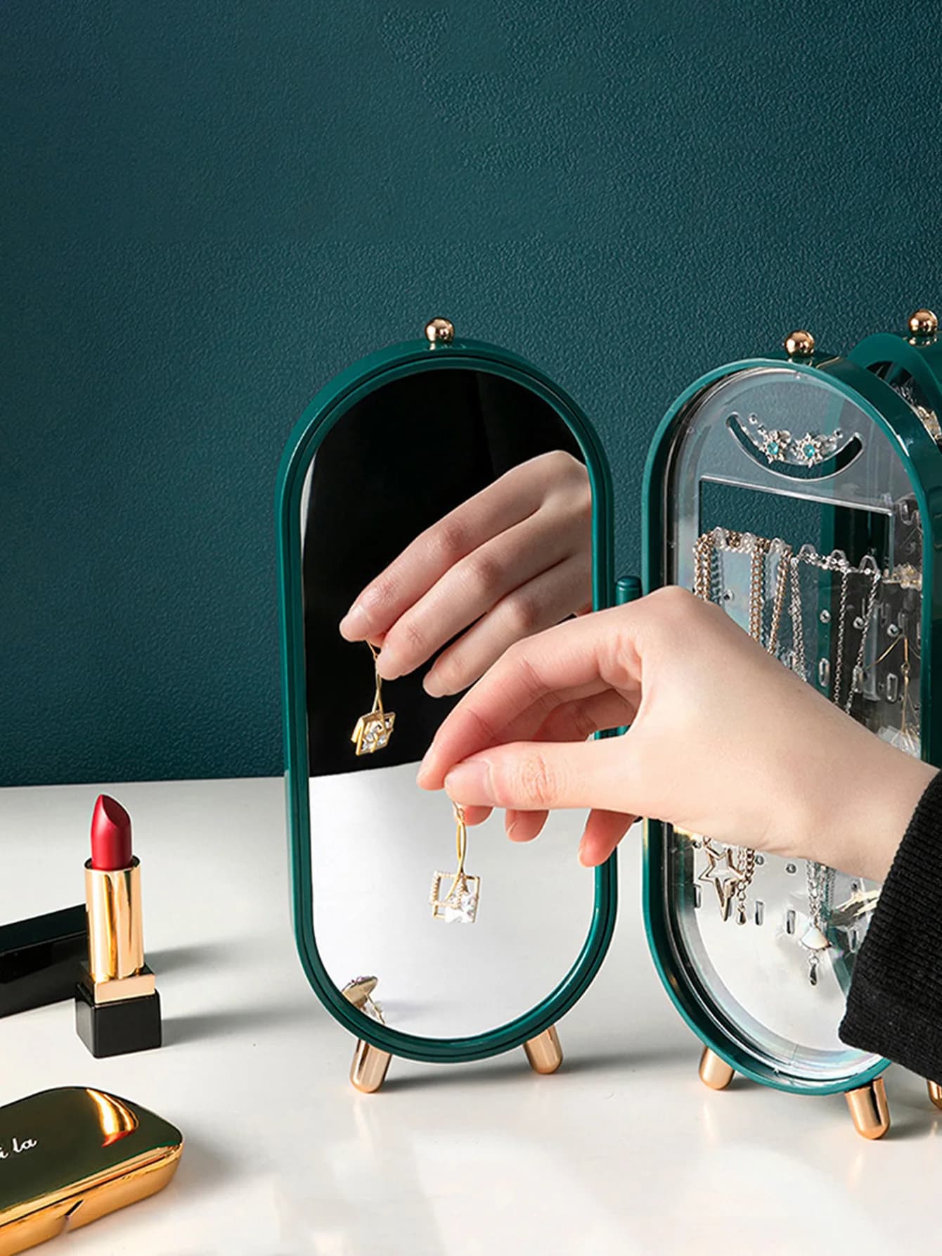 Oval Mirror Jewelry Storage Cabinet with Gold Feet, Hanging Earring Necklace Display Organizer Box for Bedroom Dresser Decor