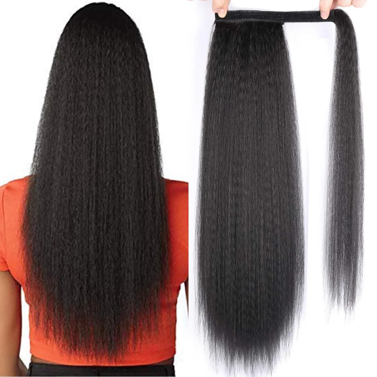 Synthetic Crepa Long Straight Horsetail Extension for Black Women Yaki Wrap Arpund Hair Clip 24 Inch Magic Coda Black