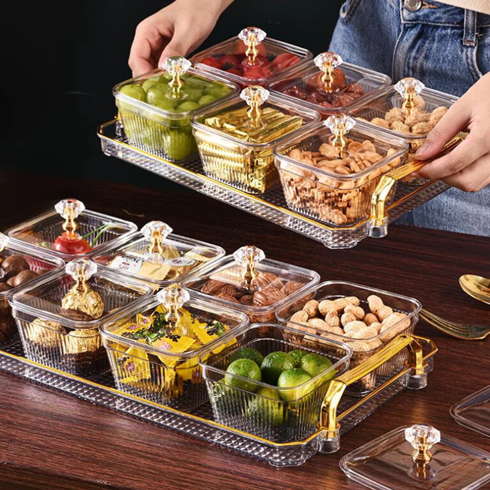 Ciotola per snack divisa con coperchio e vassoio Piatto di frutta secca Vassoio da portata per antipasti multifunzionale portatile Decorazioni per la casa