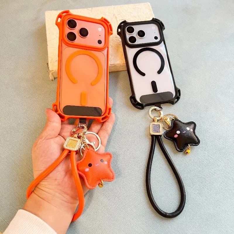 Custodia Protettiva Magnetica in Pelle con Cinturino a Stella Anti-Caduta per iPhone 17 16 15 14 13 Pro Max