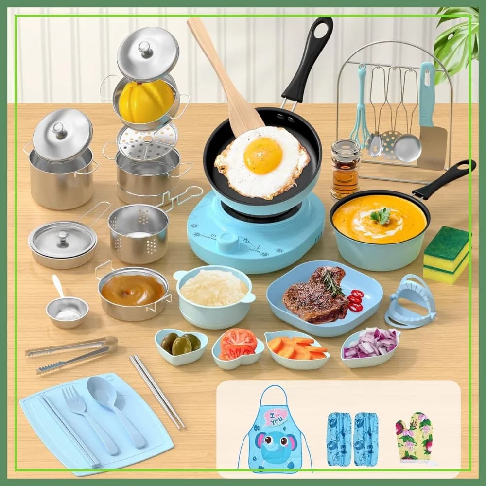 Set da Cucina Reale per Bambini 8-12 Anni, Mini Utensili da Cucina con Fornello e Coltello Sicuro, Giocattolo Montessori Regalo Blu