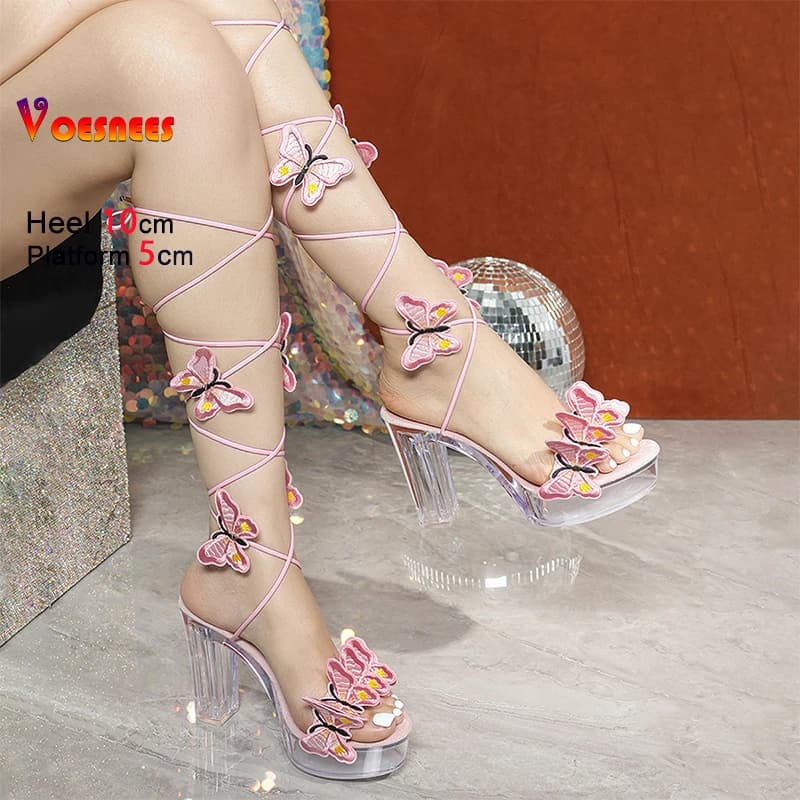 Sandals with gladiator plateau with 10CM square heel for women Show shoes with laces with butterfly knot 2026 Summer women High transparent heels