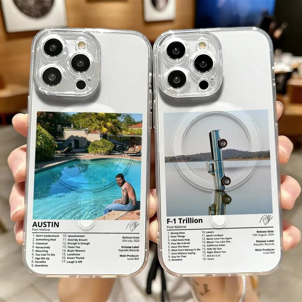 Custodia Magnetica Trasparente Singer P-Post M-Malone per iPhone 17-12 Pro Max Plus, Cover Sottile Trasparente con Ricarica