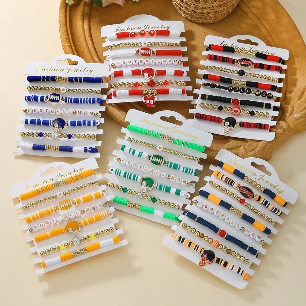 2025 Set di braccialetti con perline in argilla polimerica da 7 pezzi Set di braccialetti da calcio con perline personalizzati per gioielli Gameday personalizzati