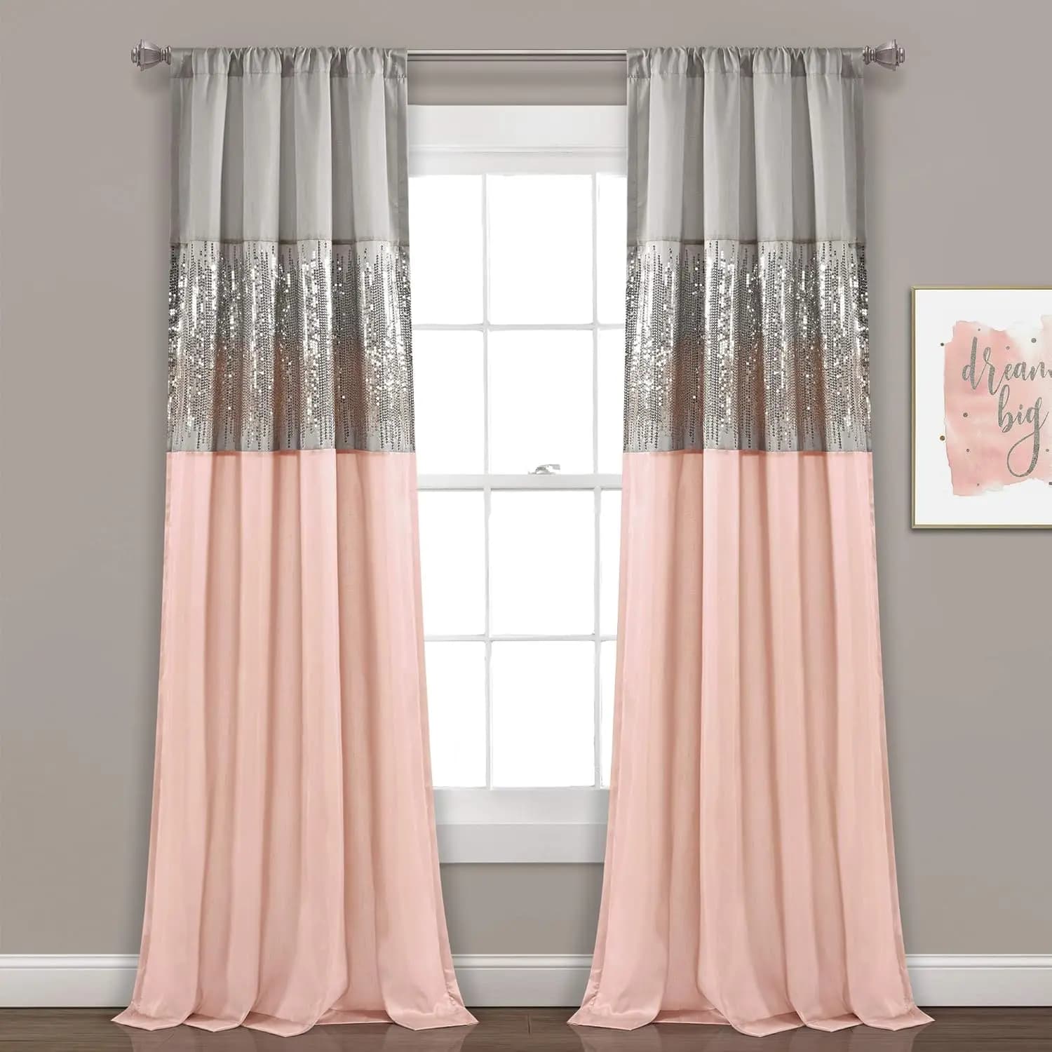 Pannello Tenda con Paillettes Scintillanti, 107 cm L x 213 cm L, Design Bicolore Grigio e Rosa per Arredamento Moderno e Glamour della Camera da Letto