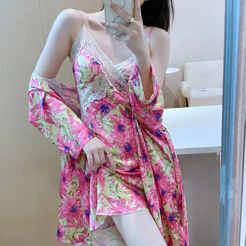Women Kimono Bathrobe Gown Sleep Suit Rayon Twinset Lace Robe Set Casual Print Home Clothes Sleepwear Nightgown Loungewear
