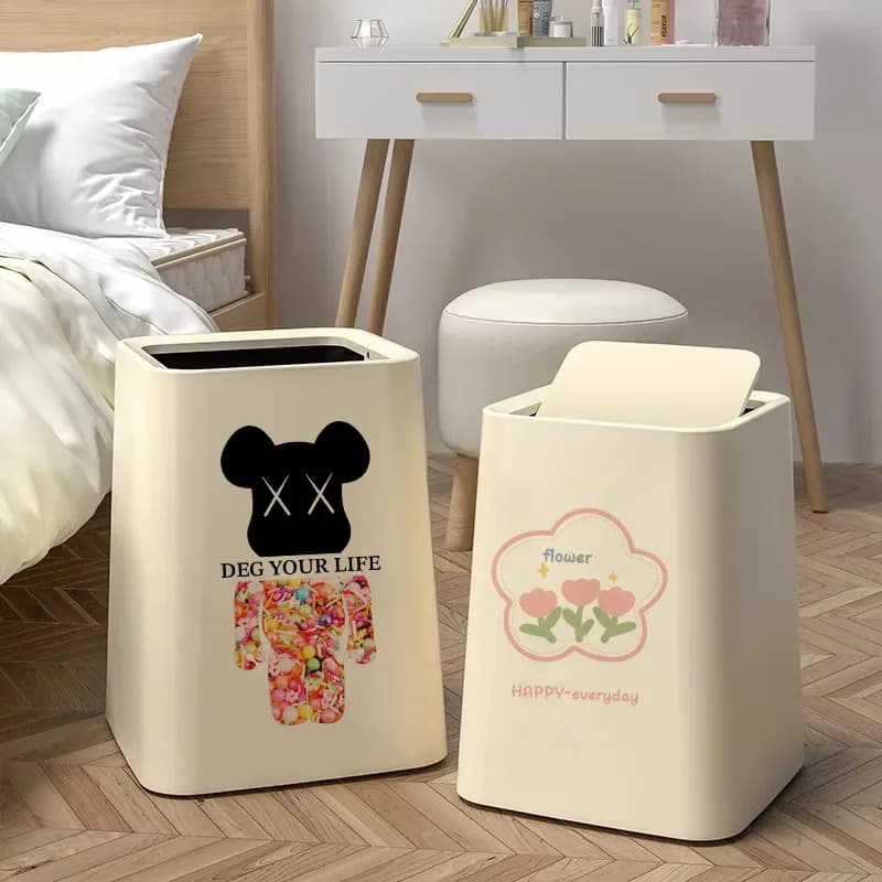 2024 New Creative Printed Trash Can High Quality Household Waste Basket for Living Room Bedroom Kitchen Bathroom