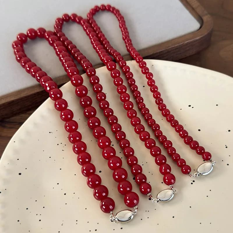 Minar Classic 6 8 10mm Red Color Glass Beads Strand Beaded Necklace for Women Silver Plated Ingot Clasp Sweater Chain Choker