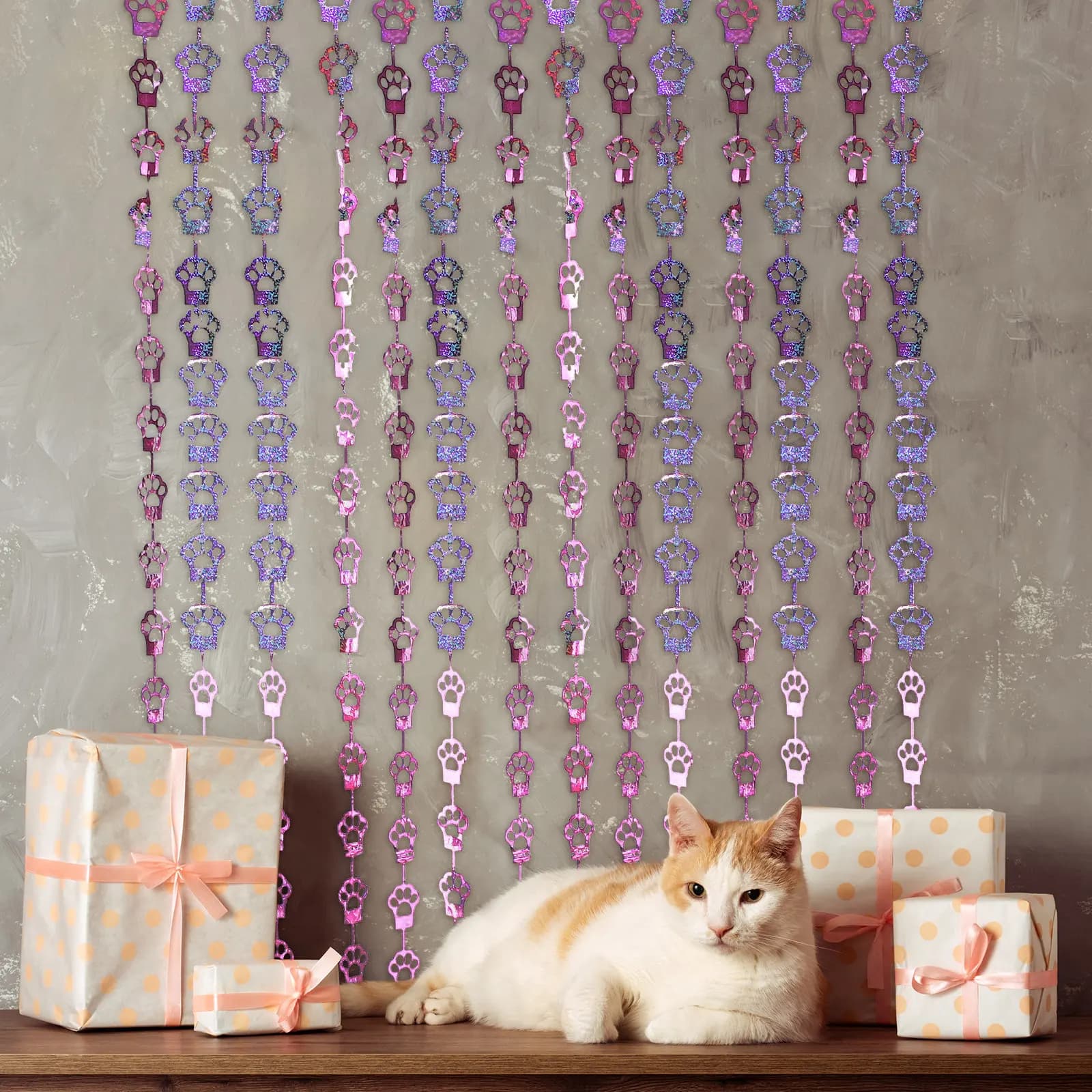 Tenda di frange in lamina rosa a forma di zampa di gatto, sfondo decorativo per feste di compleanno a tema gatto, decorazioni per animali domestici, accessorio per photo booth
