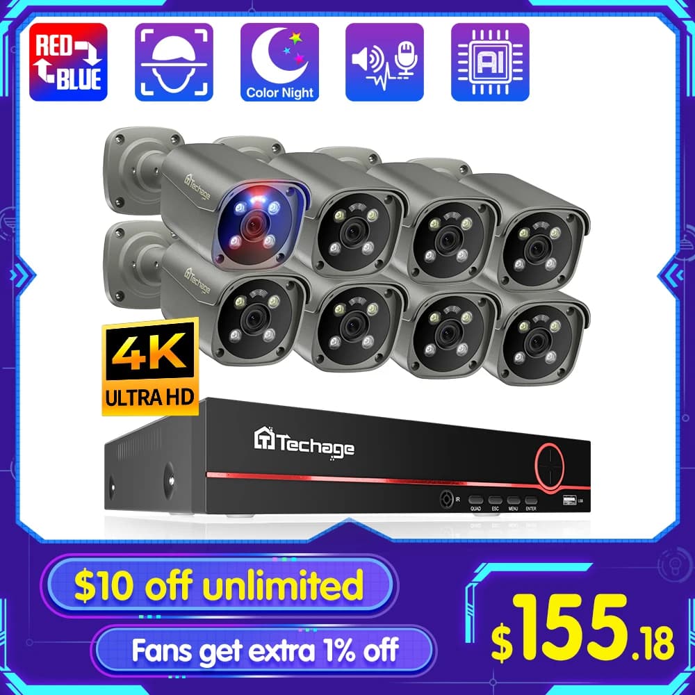 Techage H.265 8CH 5MP 8MP 4K POE AI Full Color Night VIsion Face Detection CCTV Video Security Monitoring Kit