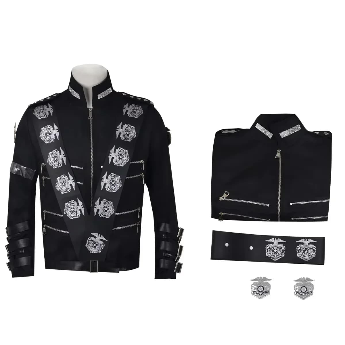 MJ King of Pop Replica Black Punk Jacket Eagle Metal Badge Decor Singer Impersonator Cosplay Suit For Halloween Carnival Masquer
