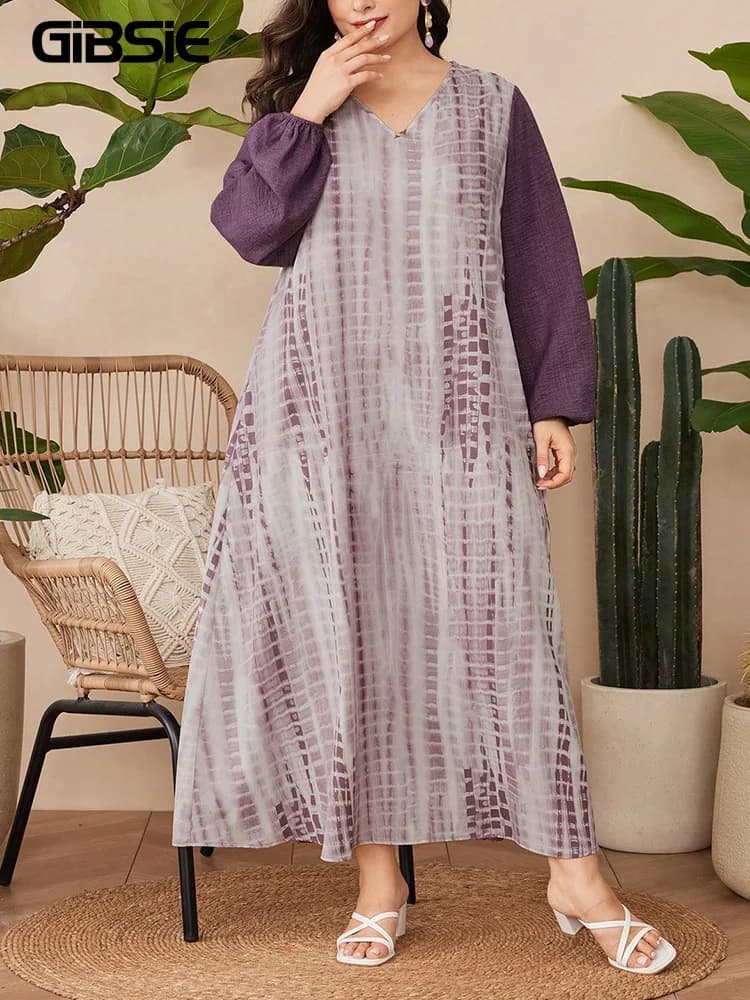 GIBSIE Plus Size Vacation Style Tie Dye Abaya Dress Donna 2025 Nuovo Autunno Con Scollo A V Manica Lanterna Allentato Maxi Abiti Lunghi Femminili