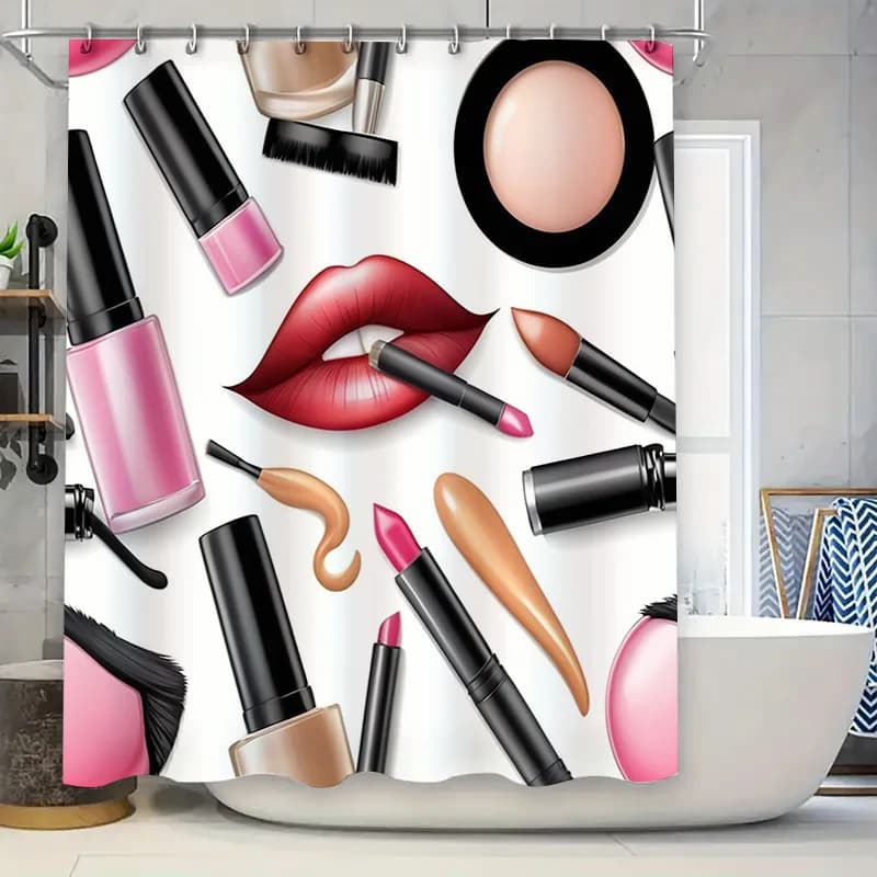 Vibrant shower curtain for makeup, waterproof fabric bathroom decoration with lipstick, mascara shade pattern for bathroom decoration Ho