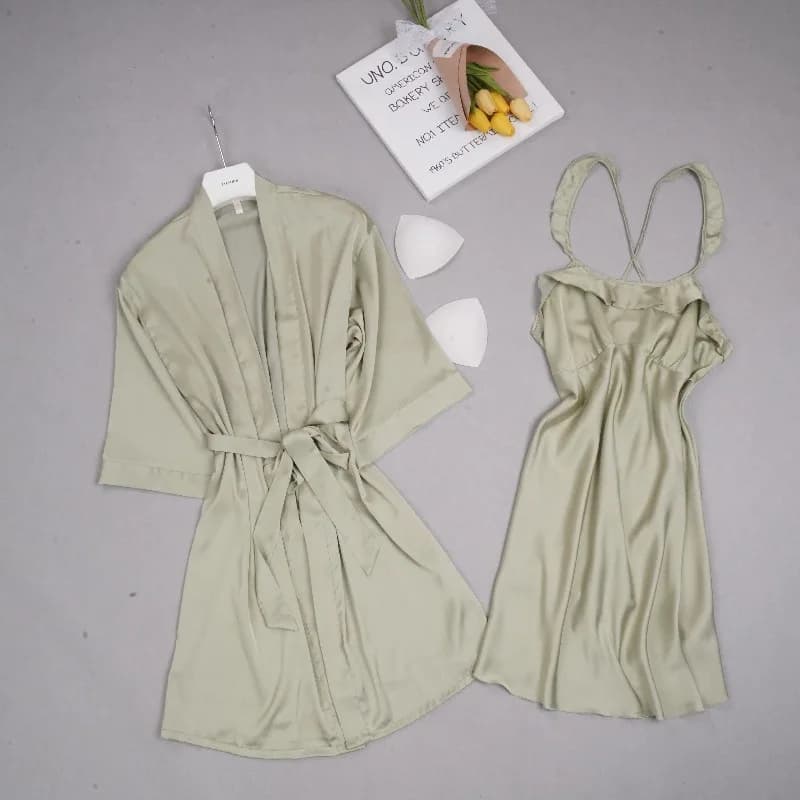 Ruffles Spaghetti Strap Sleepwear Solid Color Dress Ladies Kimono Underwear Lingerie