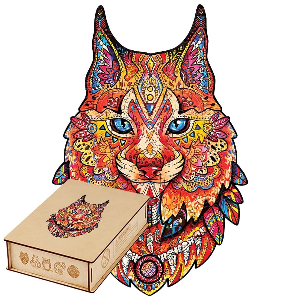 Tribal Lynx Cat 3D Wooden Puzzles for Adults Dreamcatcher Shaped Wood Jigsaw Puzzle Brain Teasers Hobby Craft Gift Decor
