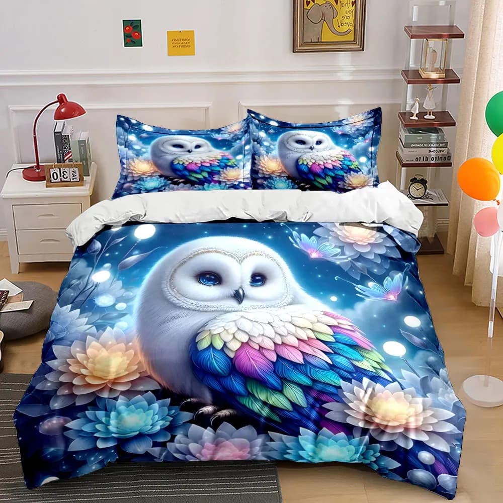 Gufo colorato e fiori. Set di Biancheria da Letto Stampata: 1 Copripiumino e 2 Federe per Adulti e Bambini, Regalo di Lusso, Misura Completa