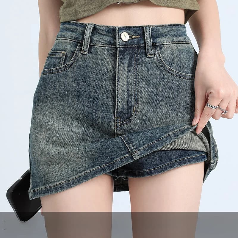 Gonna-pantalone in denim vintage lavato da donna, a vita alta, con cerniera e spacco laterale, con pantaloncini integrati anti-esposizione, taglie S-3XL