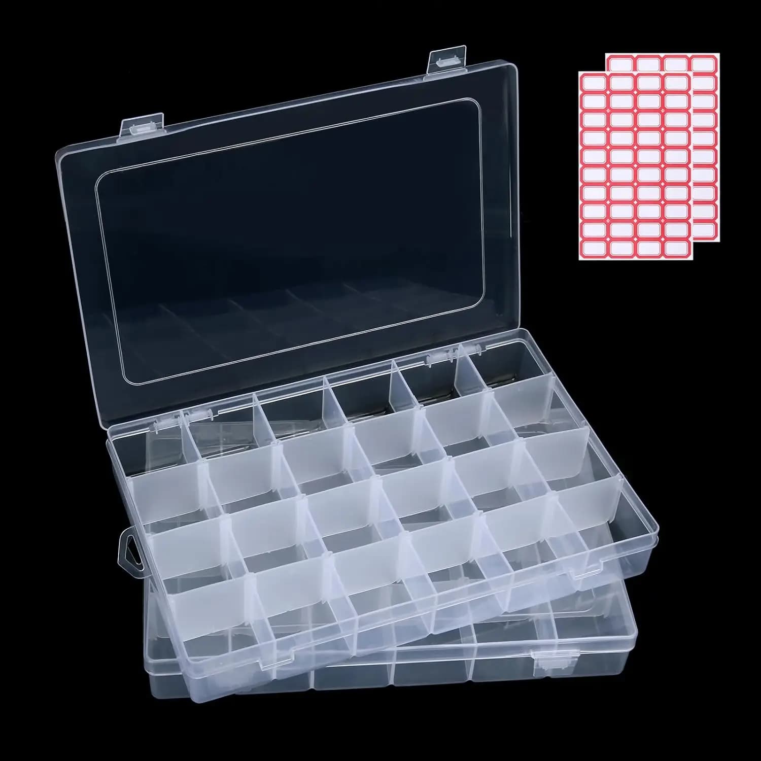 Scatola Organizzatore in Plastica Trasparente con 24 Scomparti e Divisori Regolabili, Set da 2 Contenitori per Bottoni, Articoli per il Fai-da-Te e Attrezzatura da Pesca