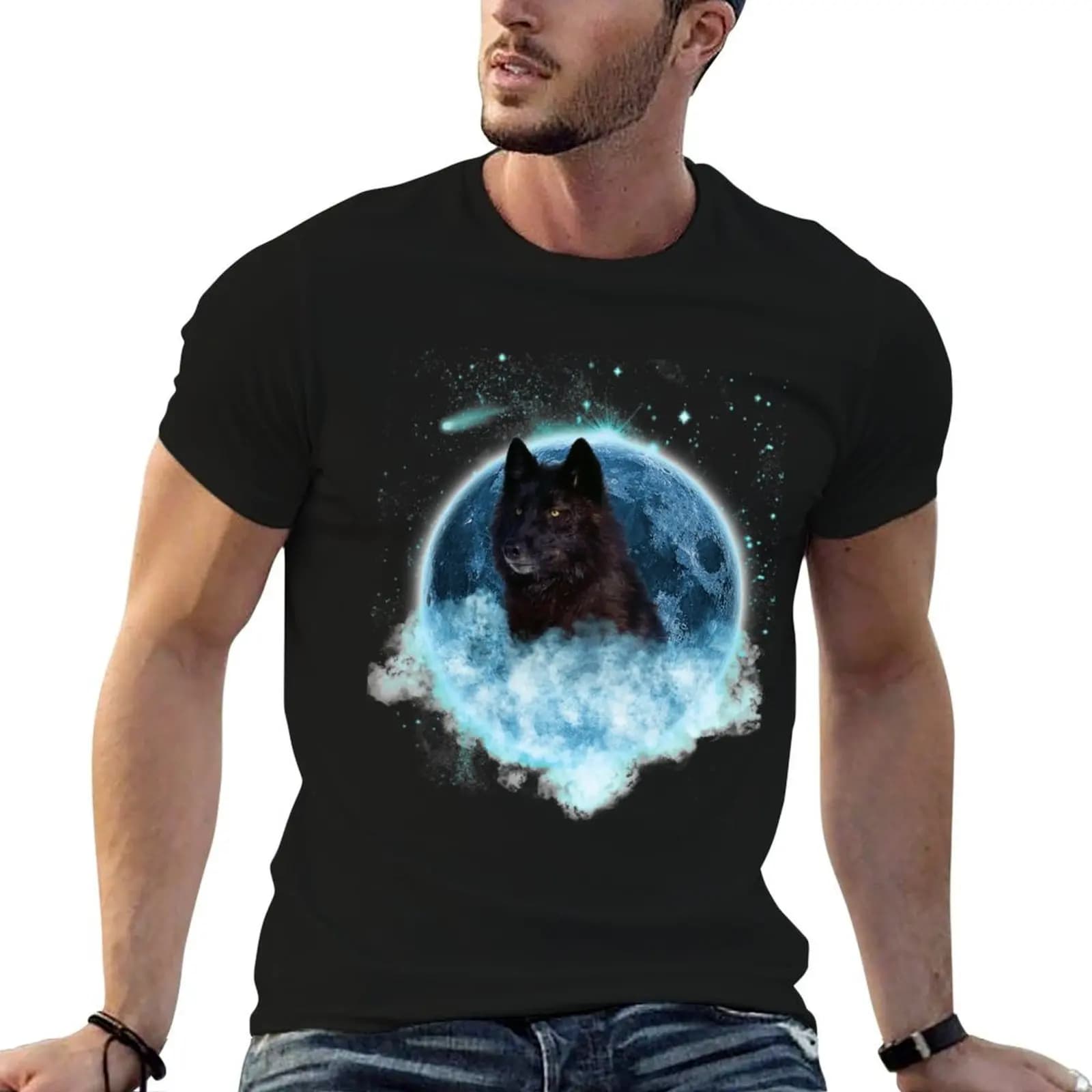 Black Wolf Blue Moon Dream Catcher T-Shirt printed t shirts for man t shirts for man cotton man t shirt graphic T-shirt